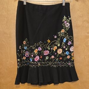 Black Floral Embroidered Ruffle Hem Skirt